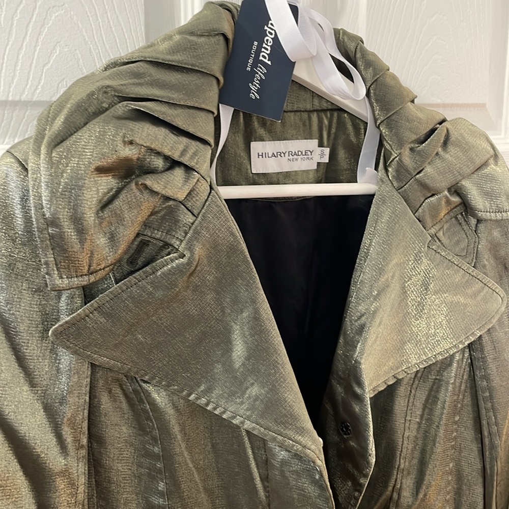 Flattering Unique Metallic Olive Green Jacket. Lightweight and warm.